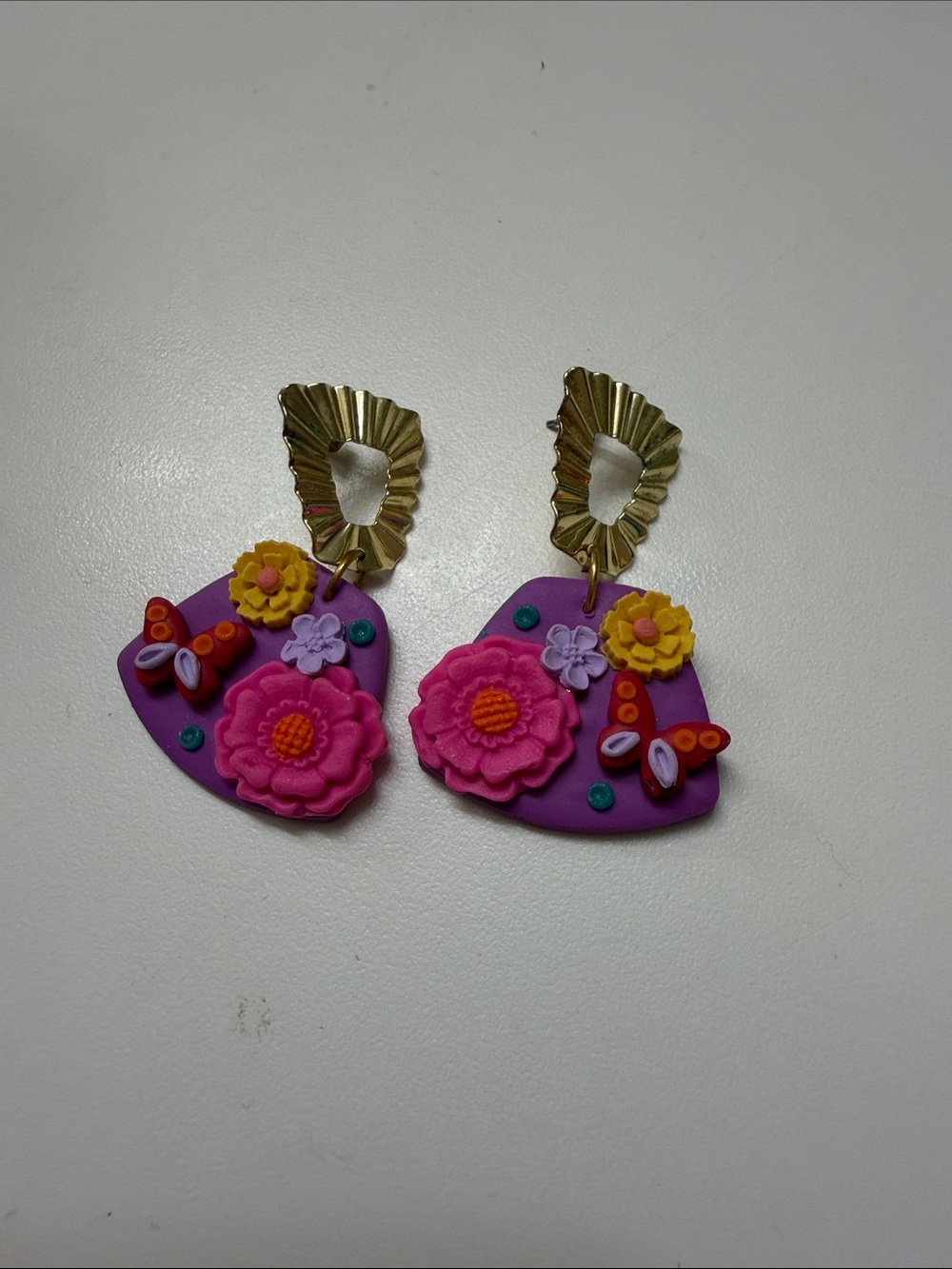 Vibrant Floral Purple Statement Earrings with Gold Accents